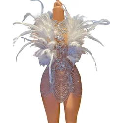 Sparkly Rhinestones Chains Feathers Short Dress for Women Sexy Mesh Performance Dance Costume Nightclub Show Stage Wear