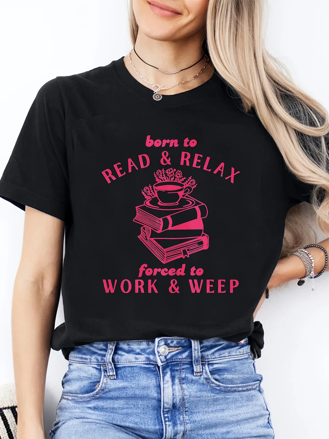 Valentine'S Day Women'S Round-neck Fashionable Casual T-shirt Pink Letter Patterns Reading Relaxation Theme Aesthetic Clothes