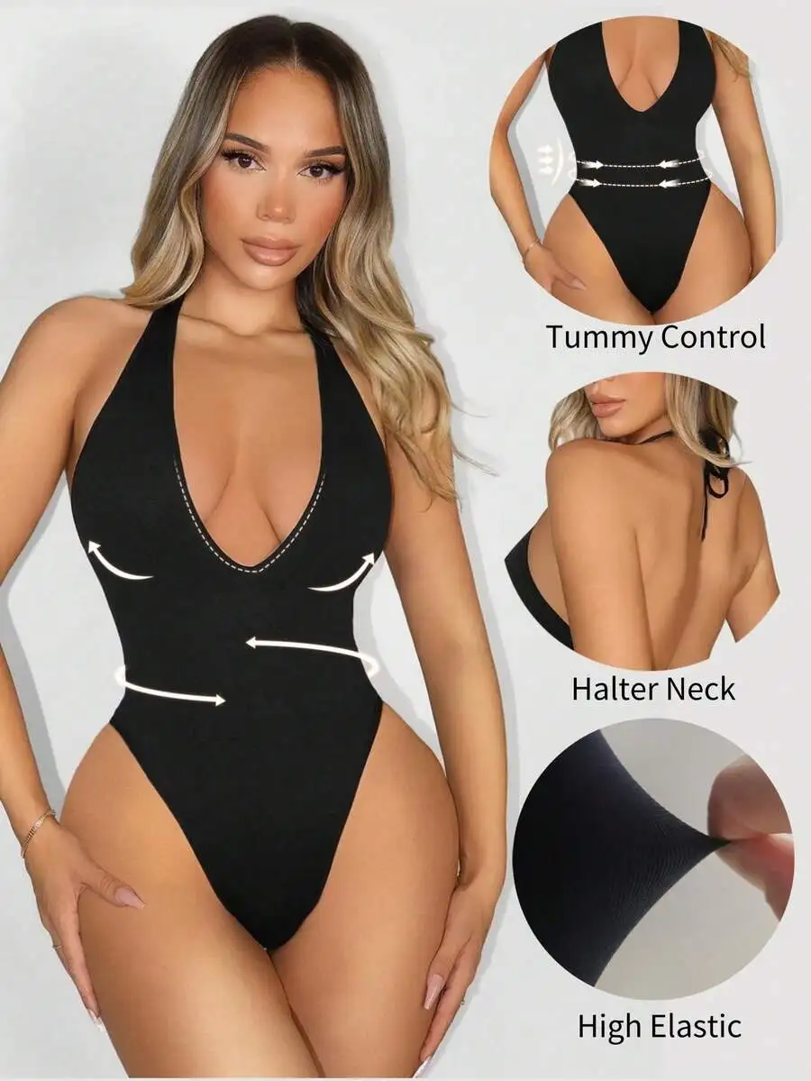 

Бесшовное боди с глубоким V-образным вырезом, открытой спиной и высокой эластичностью