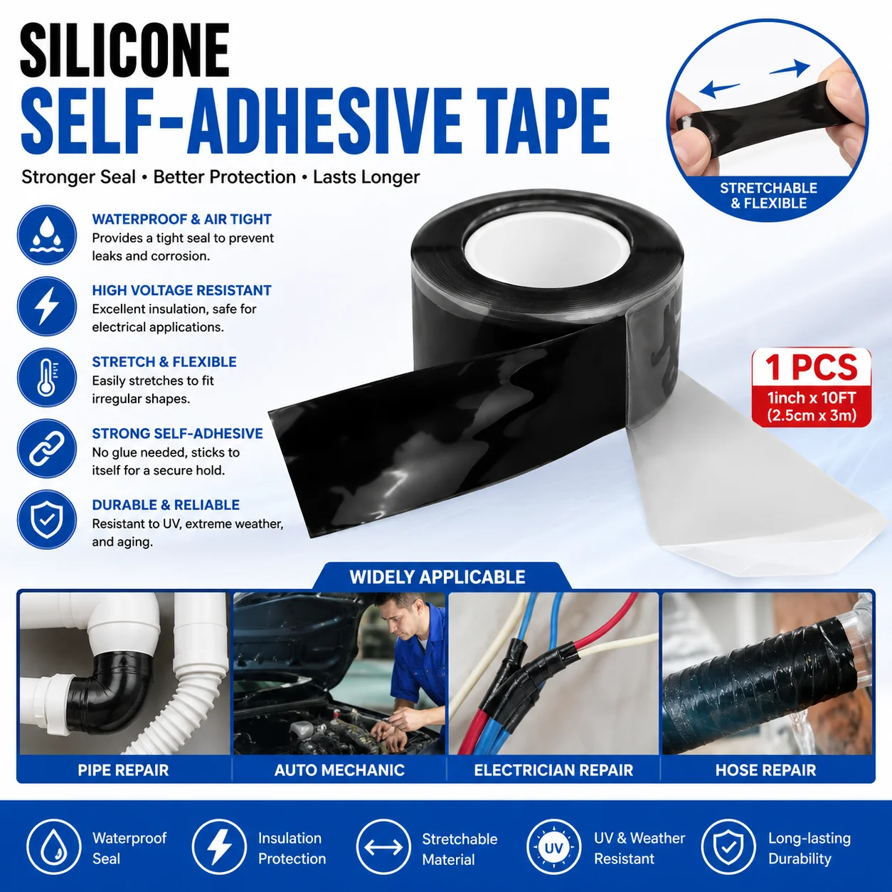 `Super‑Strong Waterproof Silicone Tape, Quick‑Fix Leak Repair Adhesive Insulation Sealant for Pipe Hose Pool Emergency Plumbing`