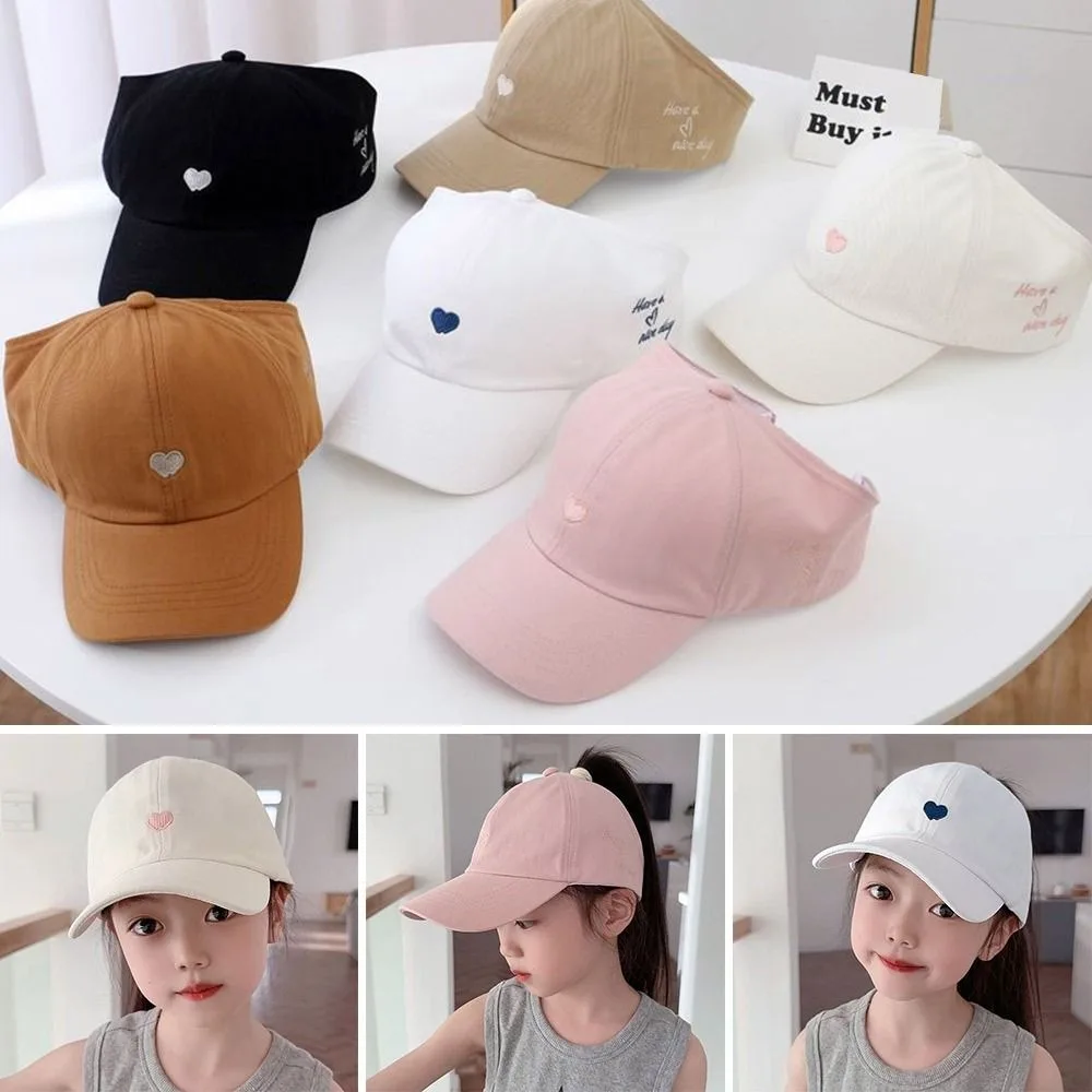 Embroidery Love Heart Baseball Cap​​ Empty Tail Design​​ UV Protection​​ ​​Children Sun Hat​​ Adjustable Strap​​