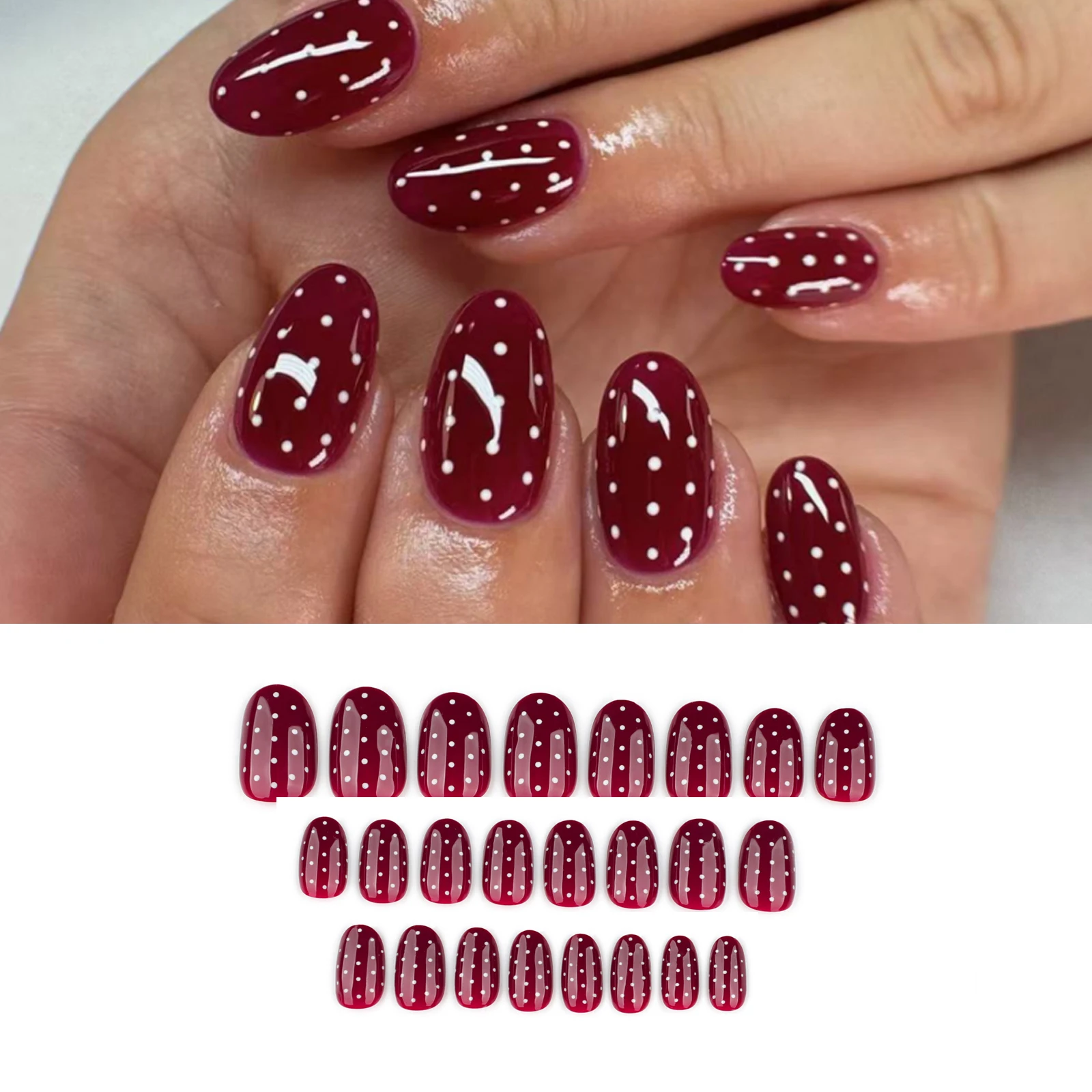 24 Uds. De uñas postizas redondas cortas rojas con estampado de puntos blancos, uñas postizas desmontables europeas para Otoño e Invierno