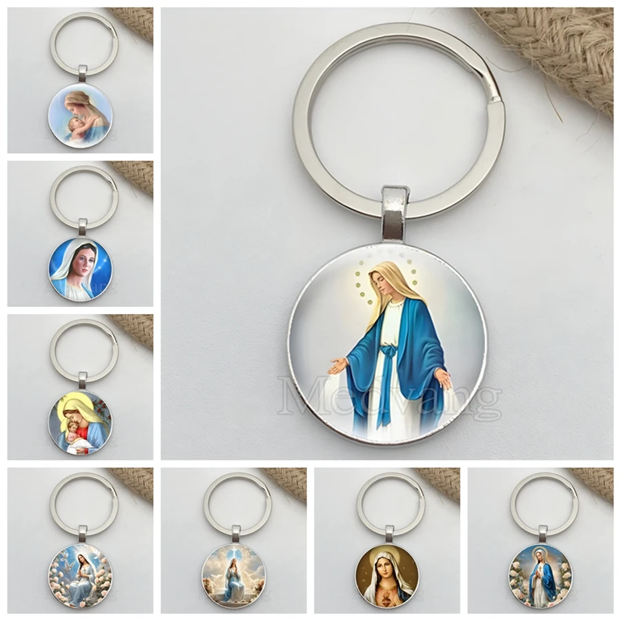 Vintage Virgin Mary Pattern Glass Keychain Religious Jewelry Family Member Gift Suitable for House Car Keys