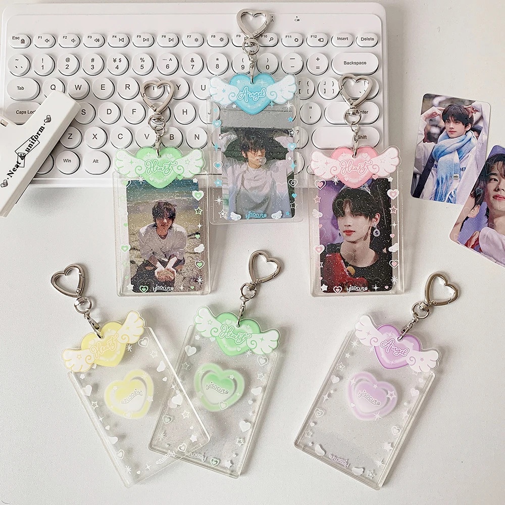 Photocard Holder with Cute Angel Keychain Transparent Kpop PhotoCard Holder Keychain Y2K Charm Holders