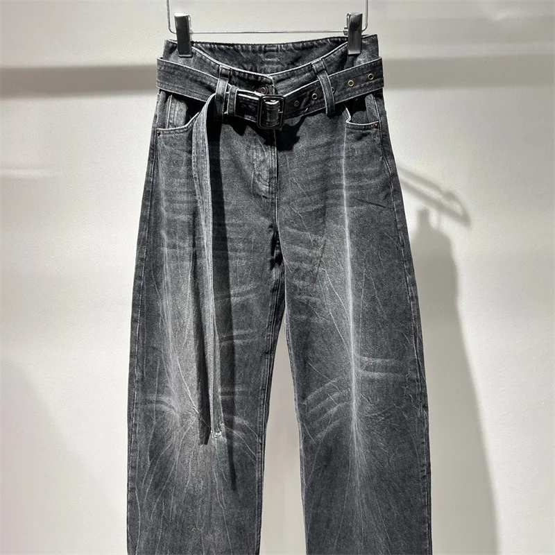 Damenjeans 2026 Frühjahr neue Low-Waist-Slim-Fit-Hose mit geradem Bein Gürteldekoration Baumwolle Hose mit geradem Bein Damenhose