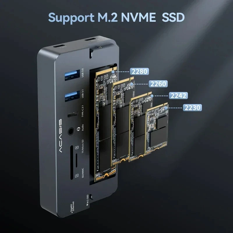 ACASIS 10-in-1 USB C 도킹 스테이션 10Gbps M.2 NVMe SSD 인클로저용 4K@60Hz HDMI 100W PD RJ45 기가비트 이더넷…