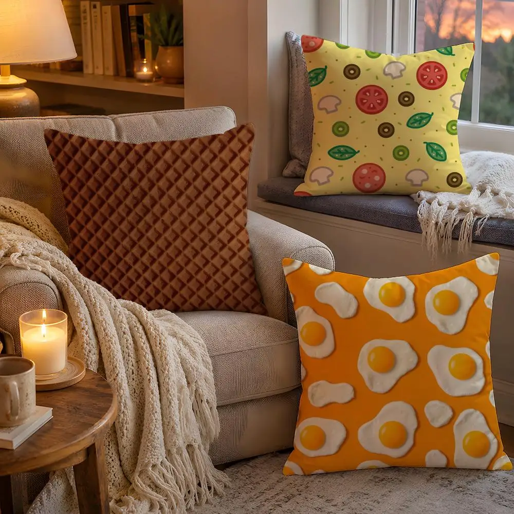 Fried Egg Pizza Waffle Cushion Cover 1pc Square Pillow Cover Soft Plush Fabric Removable Washable Sofa Chair Bed Decoration