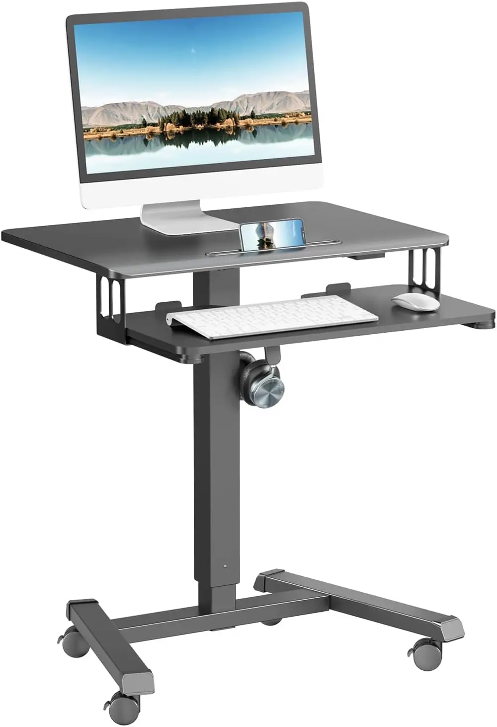 Mobile Standing Desk with Keyboard Tray, Gas Spring Rolling Desk with Lockable Wheels, Portable Laptop Desk, Adjustable Height S