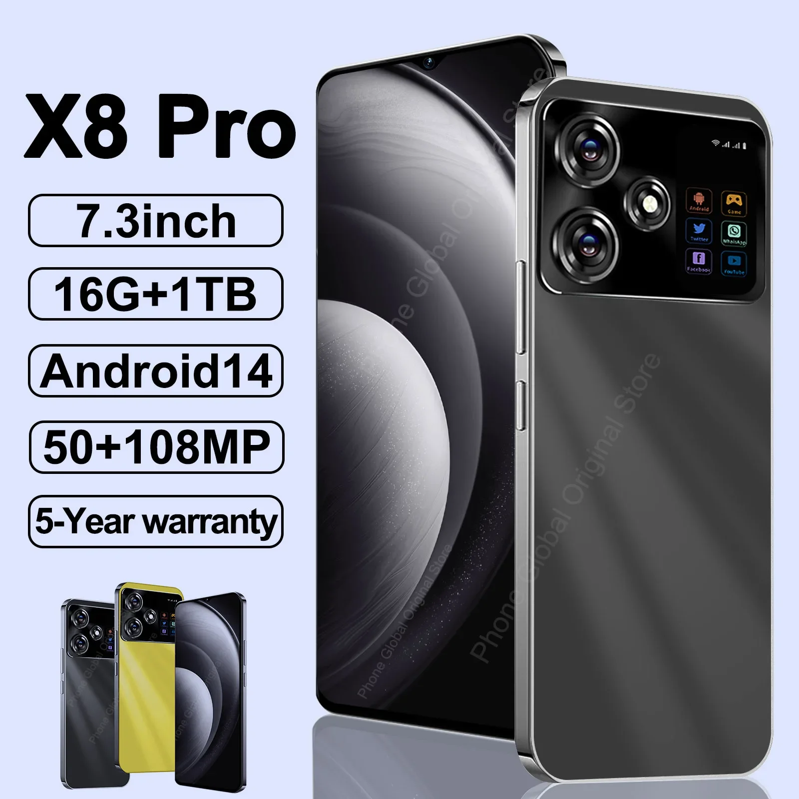 

Original X8 Pro Smartphone 7.3inch Global Version 16G+1TB Snapdragon 8 gen3 Android14 50+108MP 4G/5G Cellphone Mobile Phone NFC