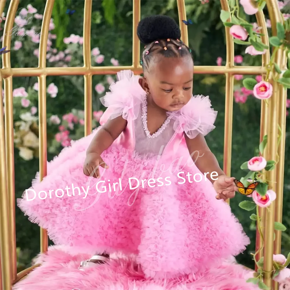 Pink Ruffles V Neck Beaded Flower Girl Dresses Birthday Wedding Kids Banquet First Communion Event Dress