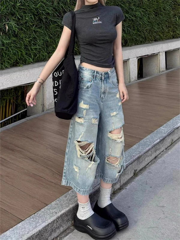 

American Sle Vintage Hole Wide Leg Denim Jeans Women's Summer New High Waist Loose Large Size Straight Leg Jeans