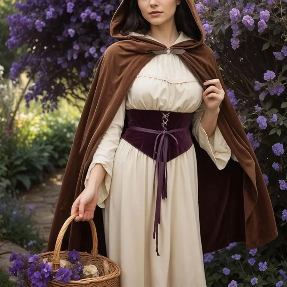 

New Design Suede Halloween Hooded Cloak Vintage Brown Color Overcoats Black Color Cosplay Costume