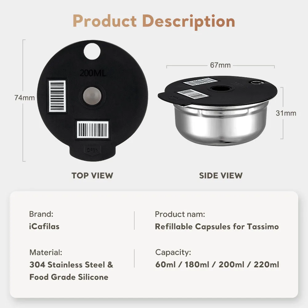 60ML/180ML reusable stainless steel pods are suitable for Bosch Tassimo refillable filter coffee machine iCafilas