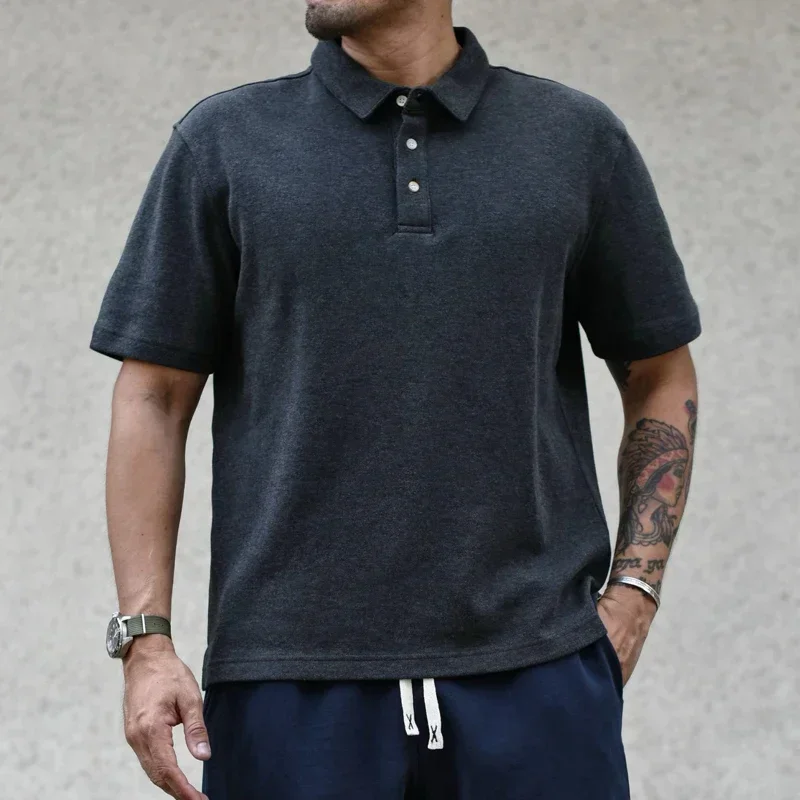 Sauce Zhan  Mens T-shirt Henry Collar Solid Polo Shirt Pure Cotton Short Sleeve Casual Loose Fit 250g