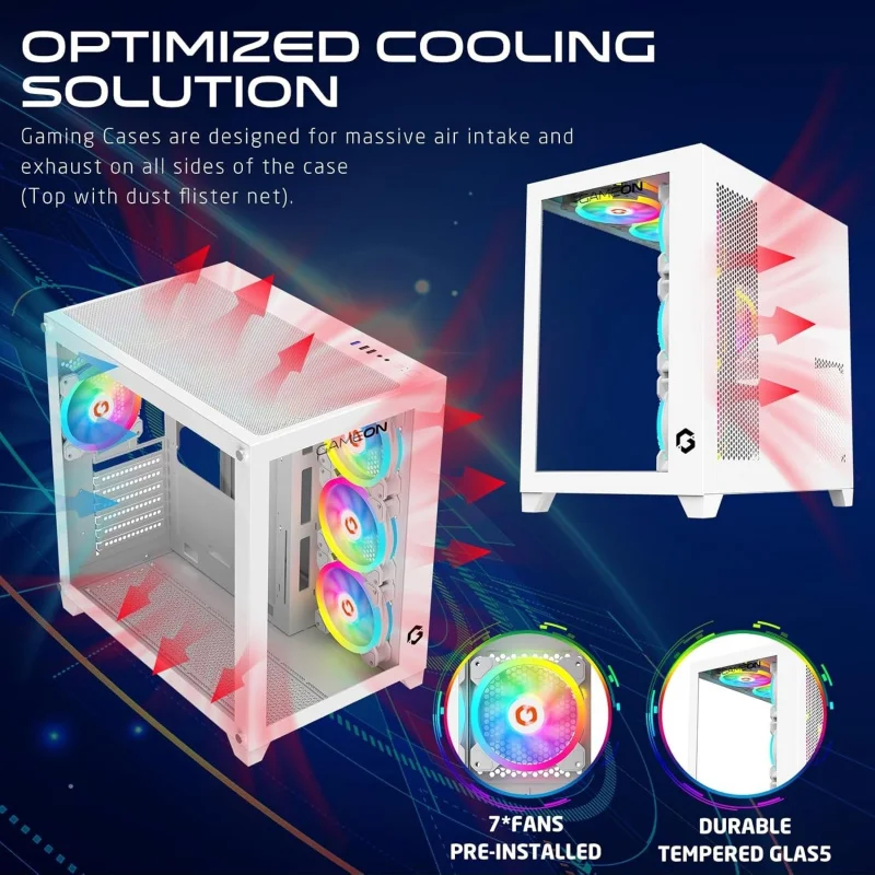 حافظة ألعاب للكمبيوتر الشخصي من سلسلة Arctic Mid Tower، إضاءة ARGB+PWM مقاس 120 مم، زجاج مقسى، 7 مراوح تبريد مثبتة مسبقًا، Dus