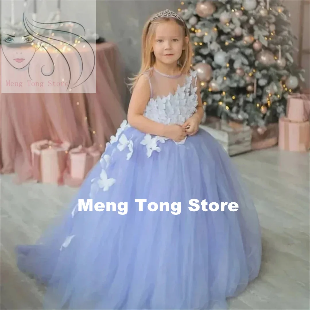 Flower Girl Dress Light Blue Tulle Puffy With White Butterfly Little Girl Wedding Birthday Party First Communion Holiday Dress