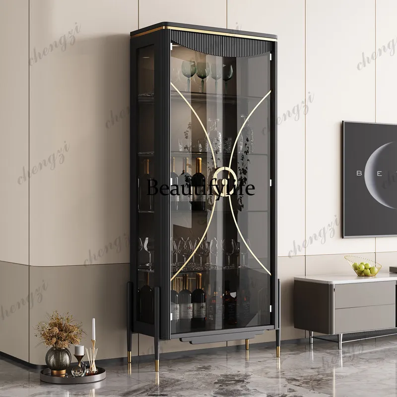 Glass wine cabinet against the living room wall, black lacquered wine cabinet, display cabinet with lockable glass doors