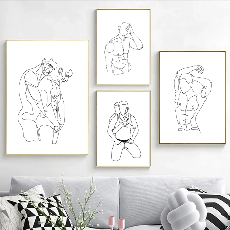 Abstract Men Body Minimalist Print Posters Male Line Gay Couple Nude Hug Kiss Wall Art Canvas Painting for Bedroom Home Decor