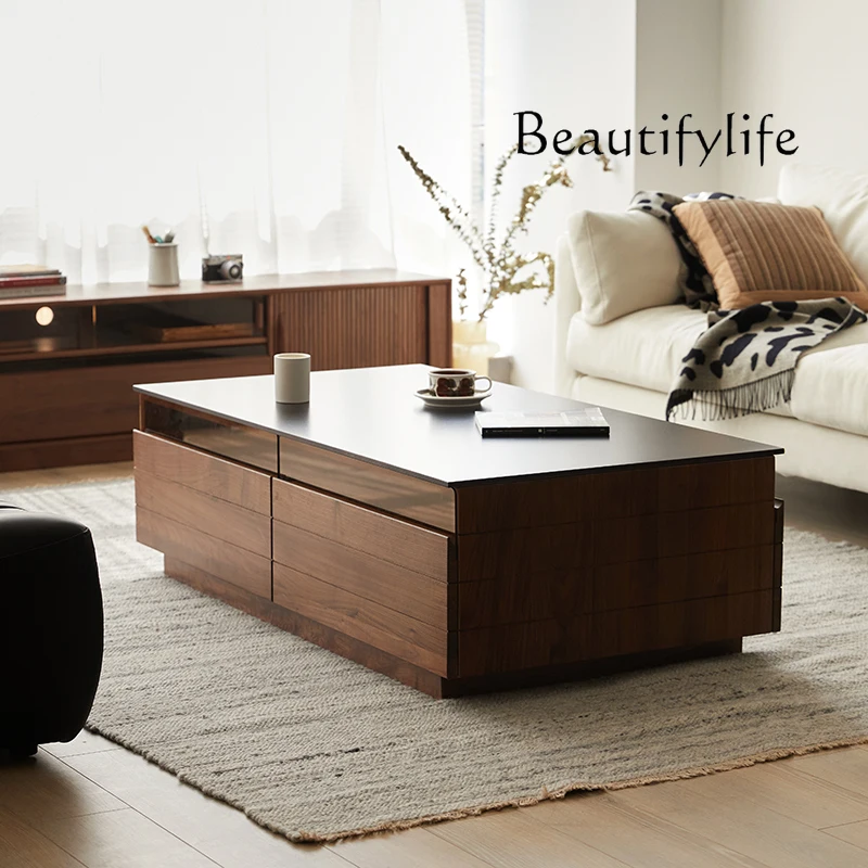 

Nordic solid wood coffee table living room black walnut log simple light luxury rock plate tea table household table