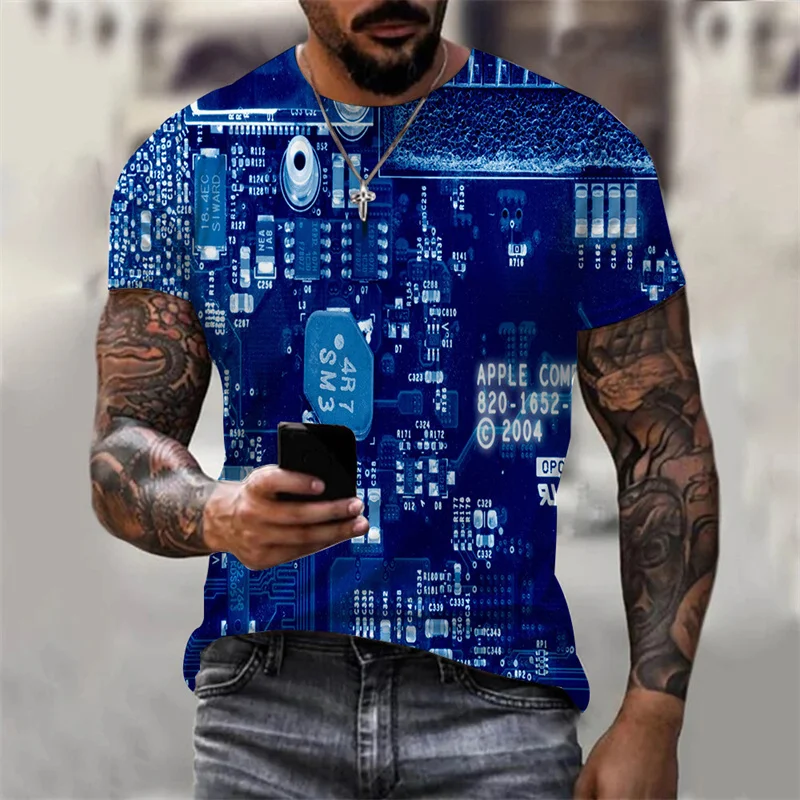 Circuit Board Electronic Chip CPU Graphic T Shirts for Men Clothing Tee Shirts 3D Print Motherboard Mainboard Short Sleeved Tops