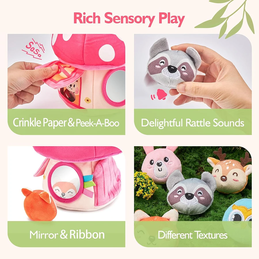 Brinquedos para bebês de 6 a 12 meses, brinquedos montessori para meninas de 6 meses, minha primeira casa de cogumelo com chocalho de animais da selva de pelúcia