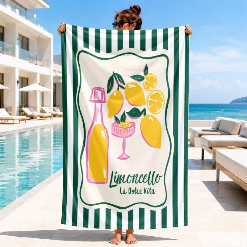 Limoncello Label Striped Style Green White Stripe Lemon Bottle Glass La Dolce Vita Label Print Quick Dry Summer Beach Towel