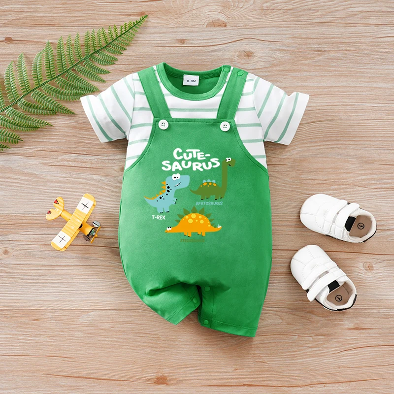 

Newborn Baby Boy Summer Romper Cute Dinosaur Print Stripe Short Sleeve 2-in-1 Overalls Jumpsuit Infant Casual Outfit 0-18M