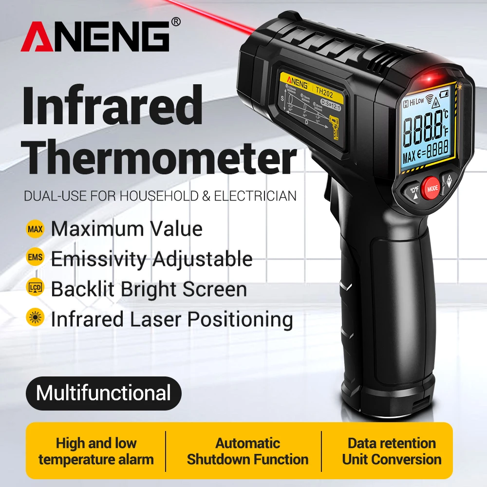

Инфракрасный термометр ANENG TH202 -50~600°C ℃ Измеритель температуры с ЖК-дисплеем, бесконтактный пирометр, лазерный портативный термометр