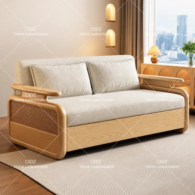 Log Color Solid Wood Sofa Bed Single Double Folding Retractable Push Pull Integrated Dual Purpose Small Apartment Living Room