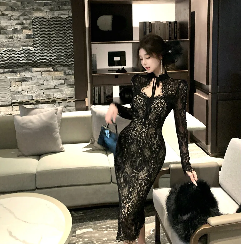 2024 Autumn and Winter New Scheming French sle Elegant Pure Desire Tea Dress Bandage Temperament Lace One piece Dress Women...