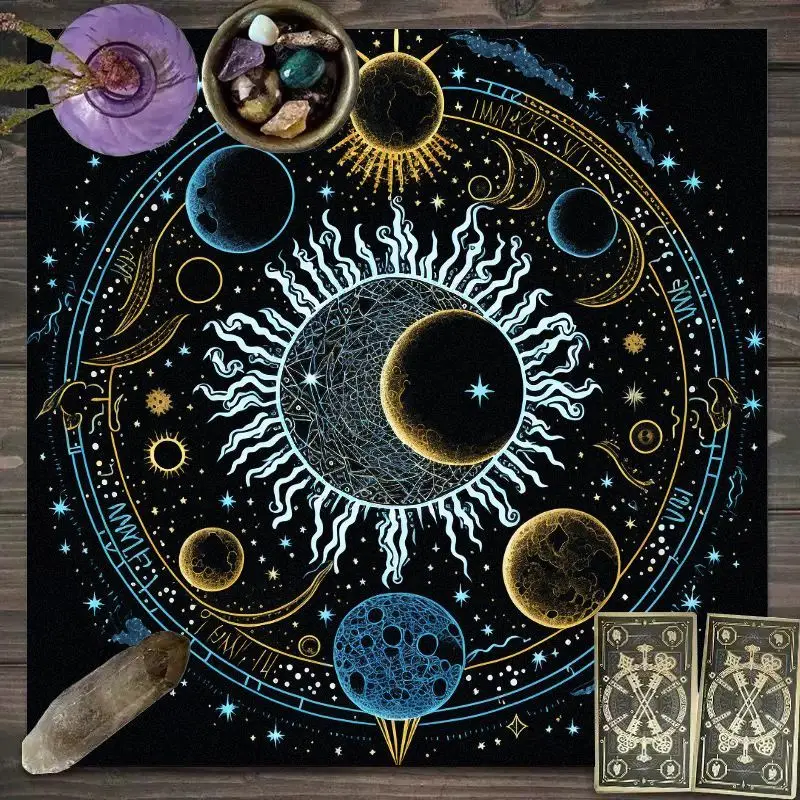 VIKAMA Gilded Gold Star Disk Compass Tarot Tablecloth, Mystical Divination Altar Cloth Ritual for Spiritual Decor