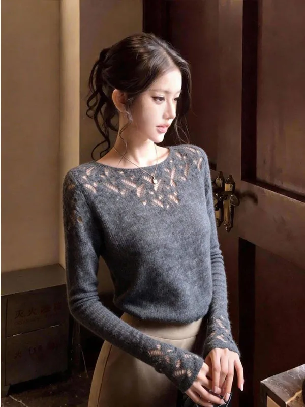 Soft Knitted Hollow out Long Sleeve Top Korean Style Lightweight Mature Fashion Skin Friendly Casual Style Women's Sweater