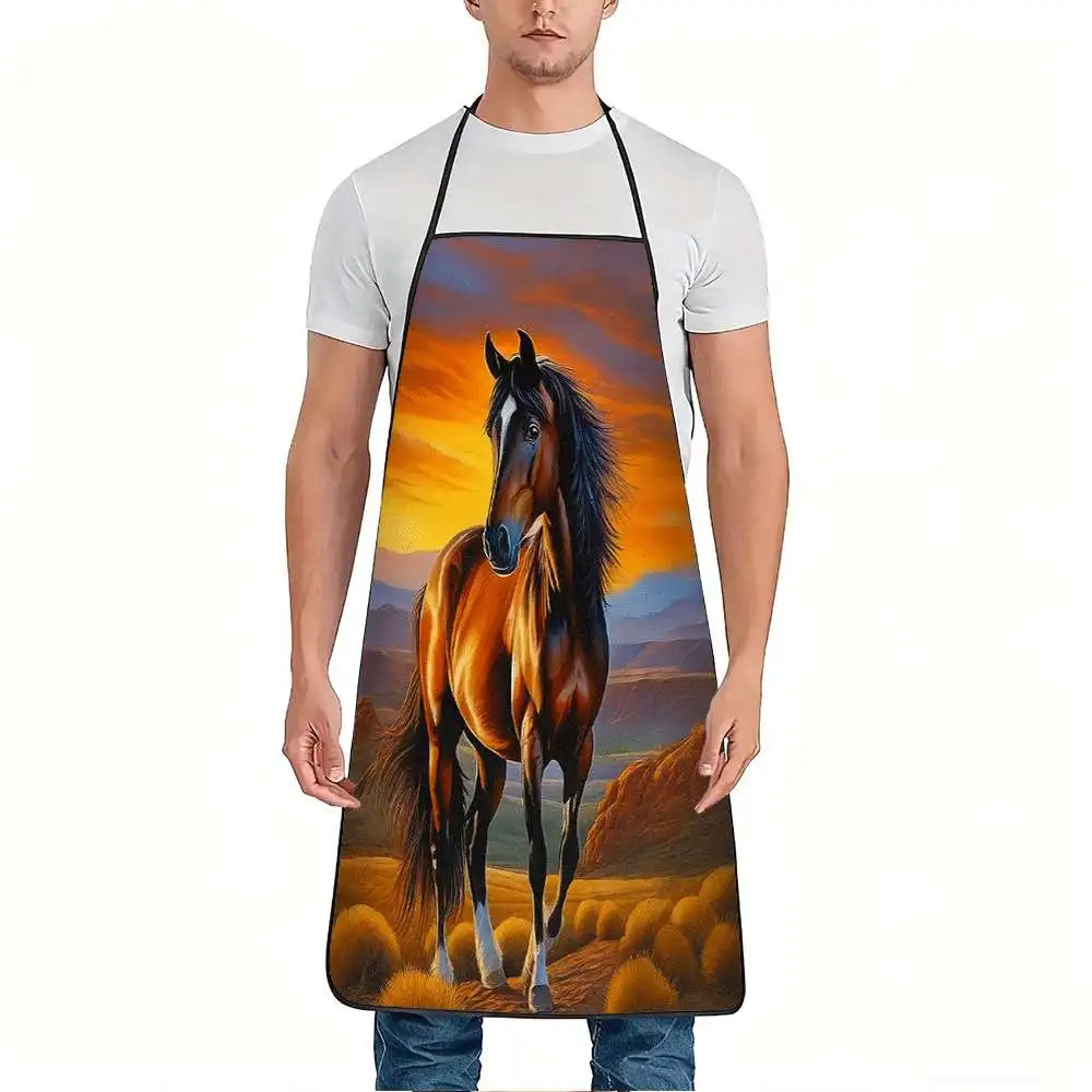 1pc Wild Horse Sunset Design Apron, Sturdy And Easy to Clean, Adjustable Waist, Made of Polyester, Suitable for Cooking, Gardeni