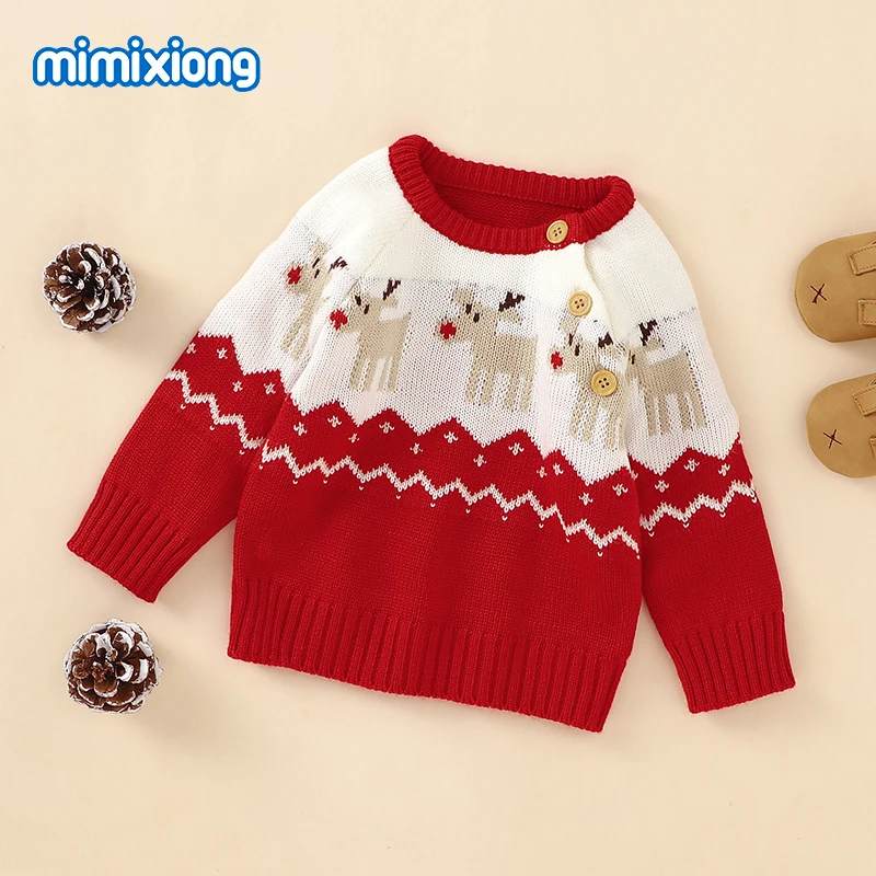 Baby Christmas Sweaters Knitted Winter Red Crew Neck Long Sleeve Newborn Boys Girls Knitwear Jumpers 0-18m Infant Kids Pullovers