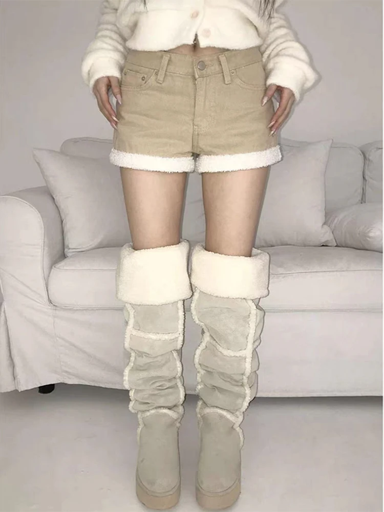 Women's autumn and winter new wrapped buttocks khaki color woolen edge splicing denim shorts versatile trendy short pants