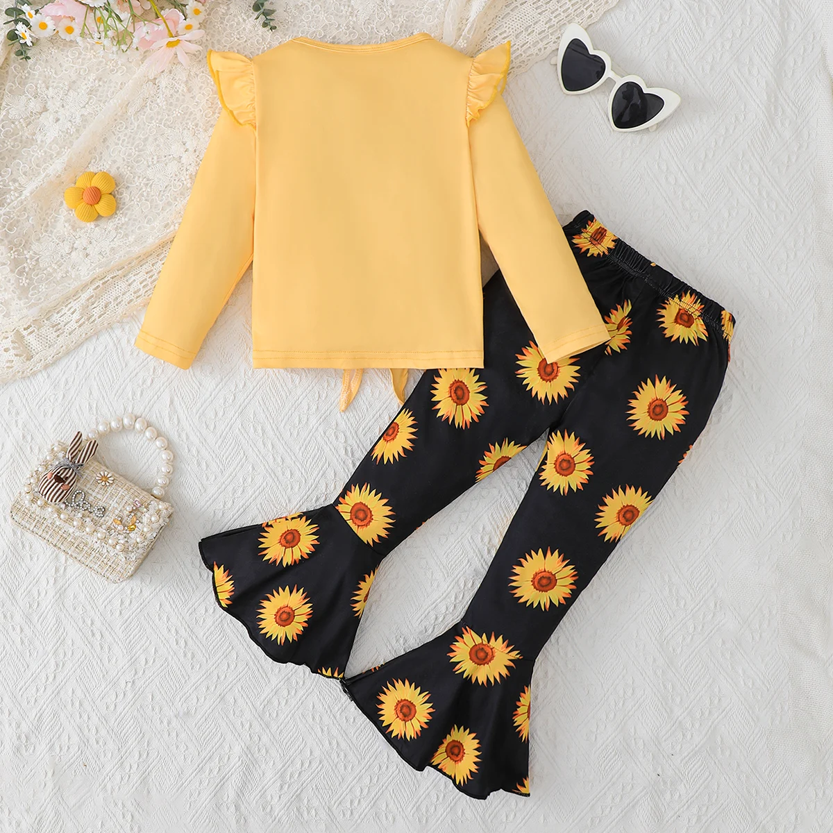 ملابس أطفال بناتي طقم بلوزة مطبوعة عباد الشمس + طقم مكون من قطعتين بأكمام طويلة متوهج للفتيات بعمر 4-7 سنوات في مجموعة ربيع الخريف