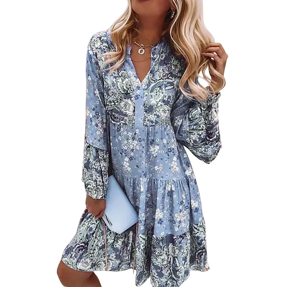 

2025 spring ruffled women's party dress loose V-neck beach pullover casual elegant vintage flower print flared sleeve mini skirt