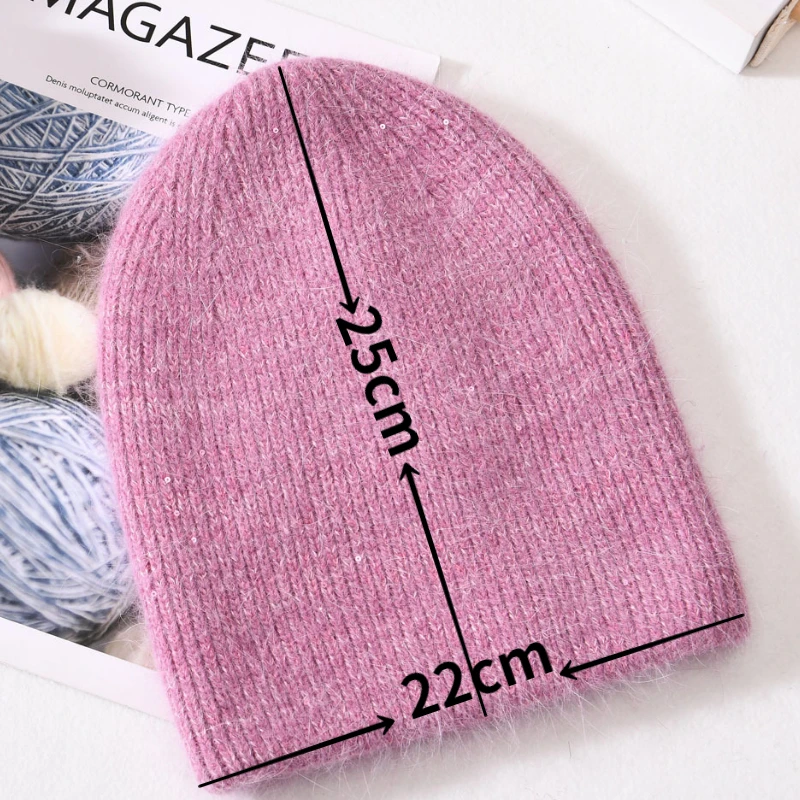 2022Angora Rabbit Fur Winter Woman Hat Cashmere Skullies Beanies Soft Solid Warm Fluffy Thick Sequins Knitted Hat Gift Wholesale