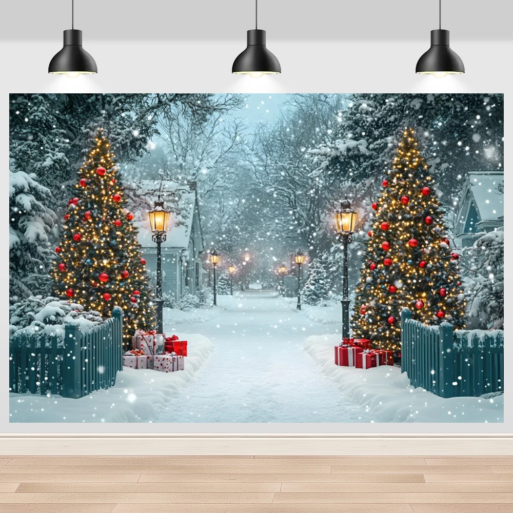 Winter Snowy Street Backdrop Blue Fence Lamp Post Christmas Tree Photography Background Holiday Party Photo Decoration Banner