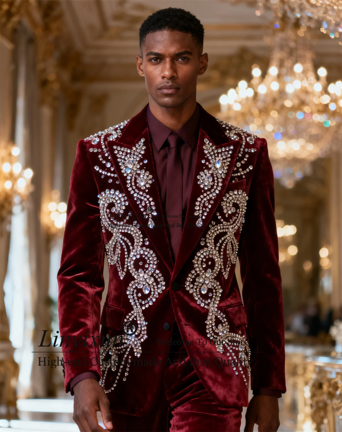 

Handsome Velvet Men Suits Sparkly Stone Rhinestone Groom Tuxedos 2 Pieces Sets Customized Slim Fit Wedding Party Ropa Blazer