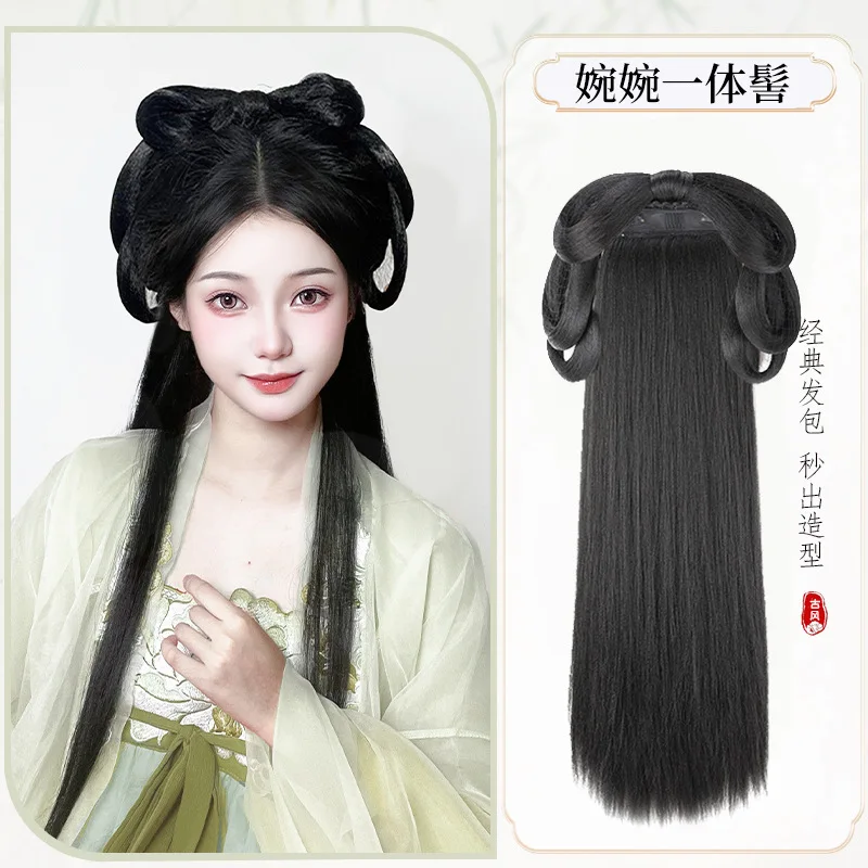 Fotografia 6: Peruca Hanfu para Mulheres com Clipe BB, Peruca Completa de Cabelo Estilo Antigo Chinês, Peruca de Fantasia Antiga Pré-arranjada