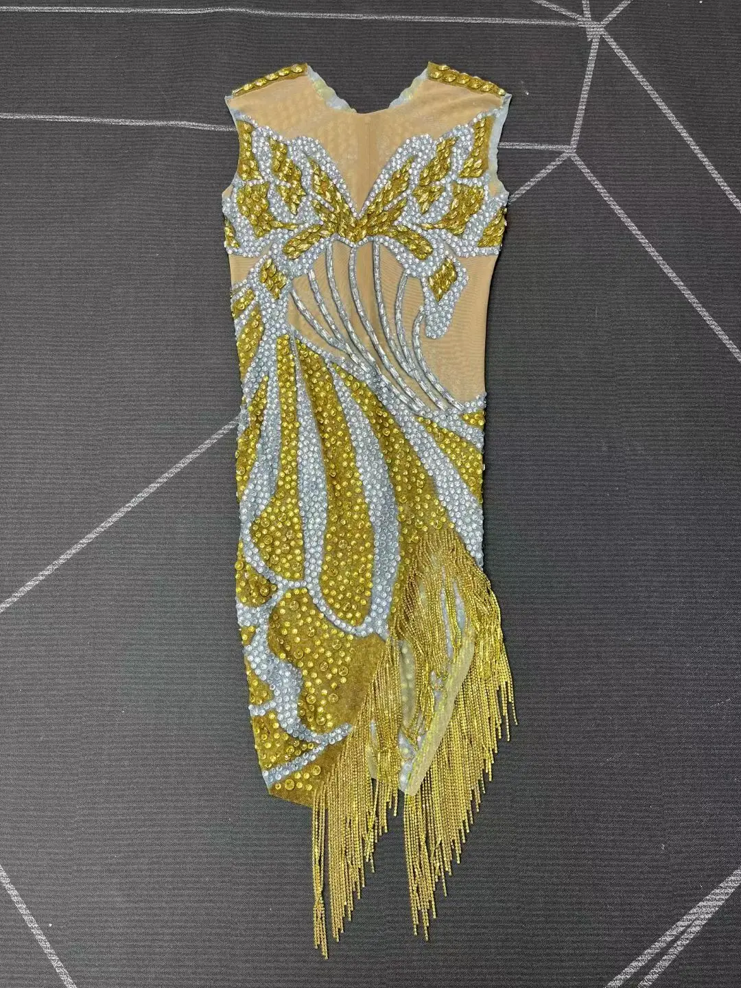 Sparkly Crystals Golden Chains Cocktail Dress Sexy Women Luxury Evening Dress Sheer Mesh Dance Show Short Dresses Huangjindie