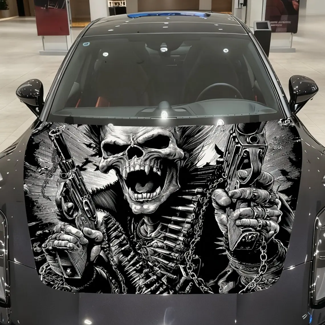 

Gun Wielding Skeleton Car Hood Sticker, Waterproof Self-adhesive Body Decoration Sticker, Universal Full Coverage Appearance Pro