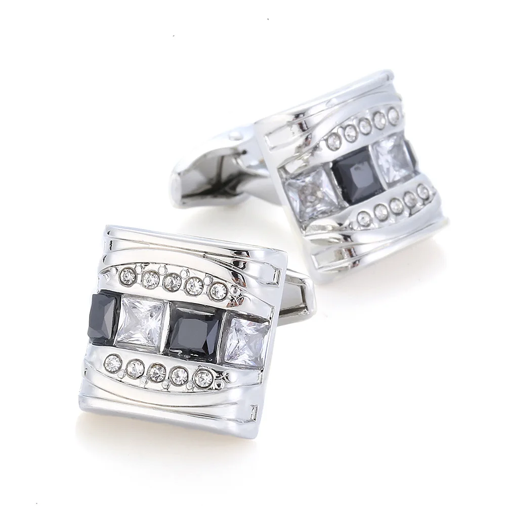 High Quality Silver Plated Black White Crystal Cufflinks For Mens French Style Shirt Sleeve Studs Copper Brass Groom Gemelos