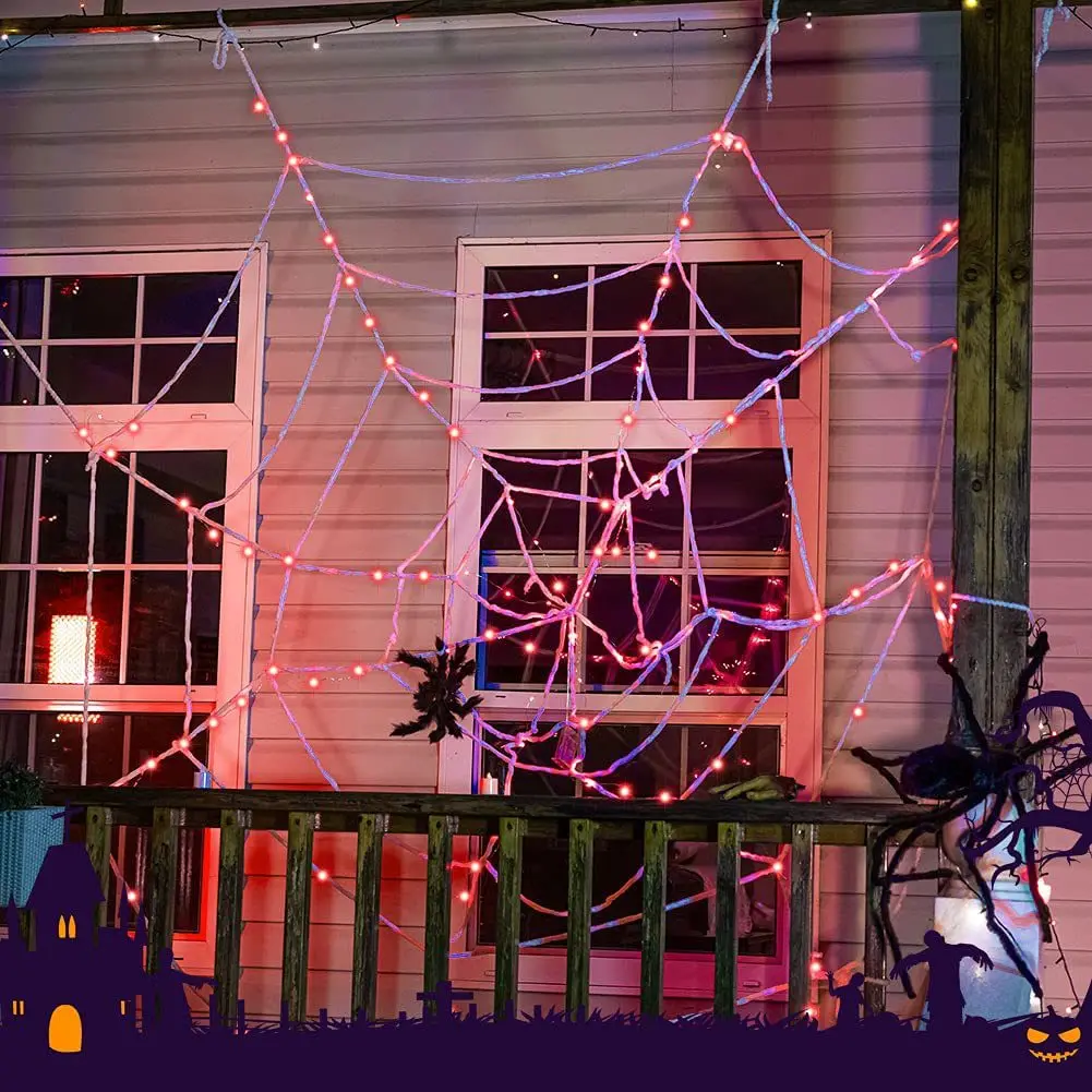 2.5M Halloween Decoration Giant Spider Web With LED Lights Fake Glow Spider Cobwebs For Halloween Party Decor Haunted House Prop