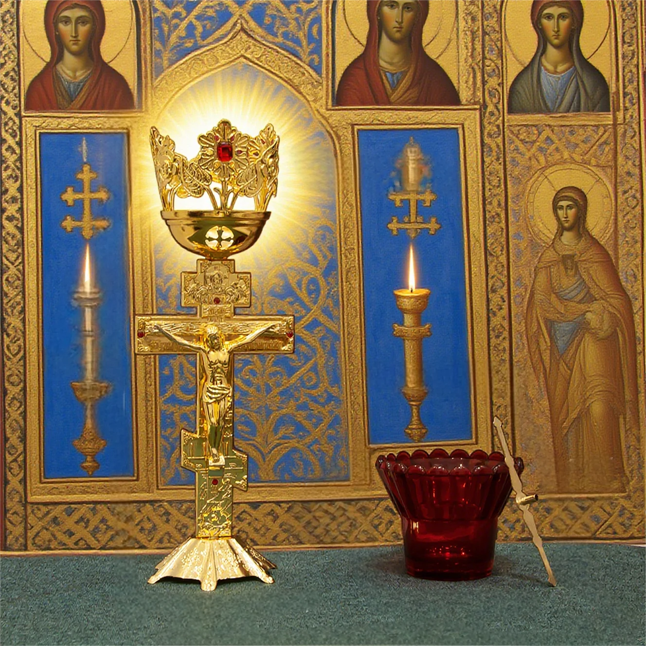 Orthodox Oil Lamp with Chalice and Crucifix, Zinc Alloy Red Glass Wick Holder, Religious Home Altar, Church Decor