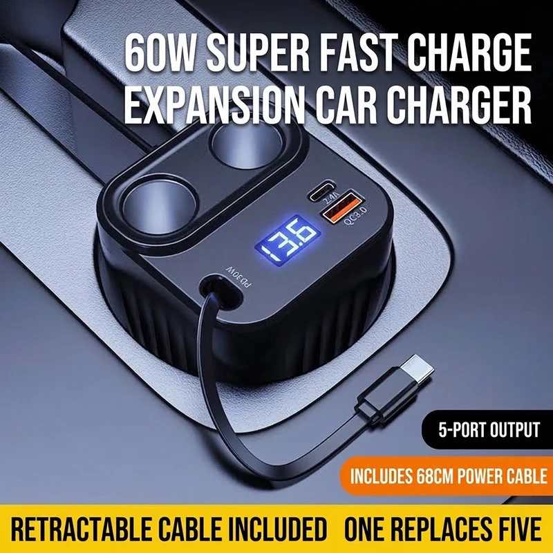 60W Super Fast Charging Car Cup Holder Station, 5-Port Adapter with Retractable 68cm Cable and Real-time Voltage Monitoring