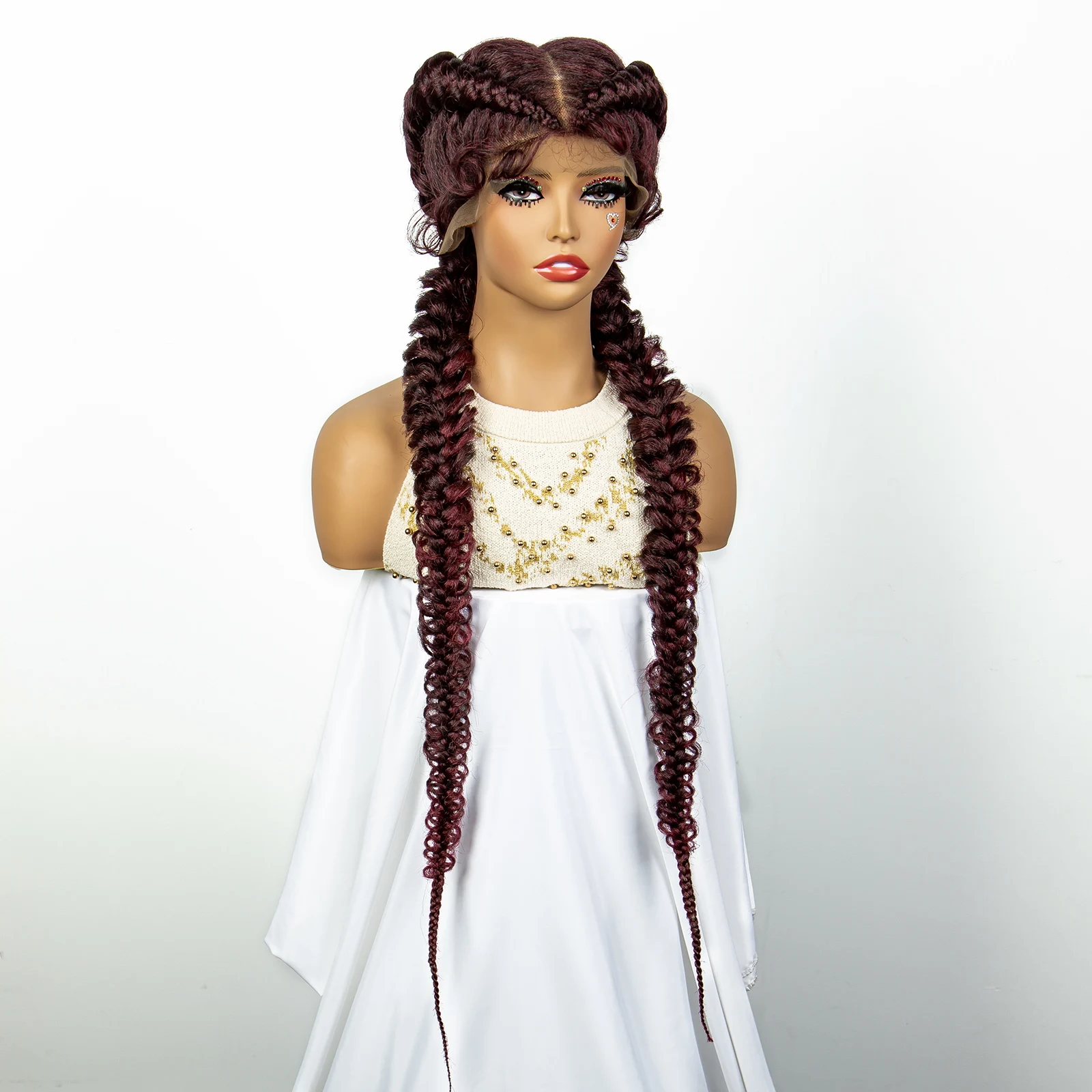 99J Burgundy Synthetic Lace Frontal Dutch Box Braided Wigs for Black Women 36 Inches Fishtail Braids Wigs with Baby Hair