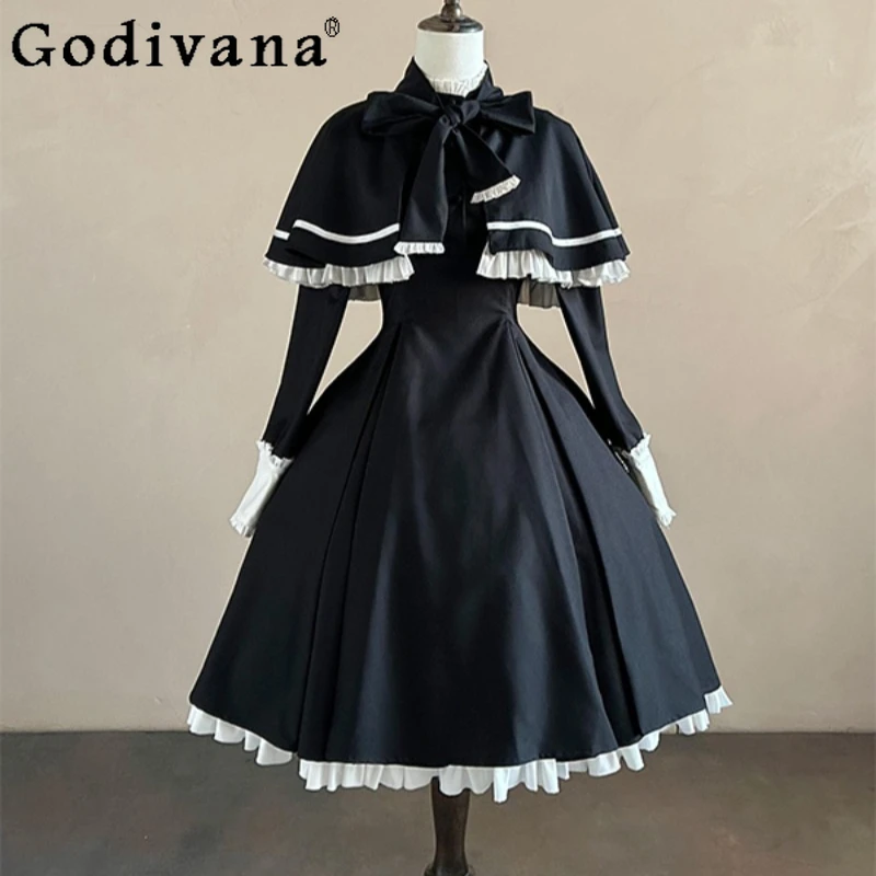 

Dark Lolita Black Cape Dress Two Piece Set Women's Gothic Style Lolita Dress Female Japanese Lolita Elegant Dress Outfits