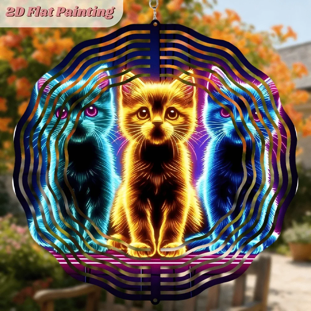 2D Flat Round Iron Wind Chime with a Glowing Kitten Pattern. Features 360-degree Rotation